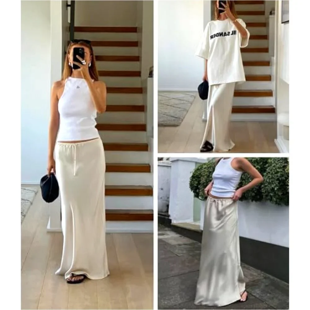 Satin Maxi Skirt Elegant Flowy A-Line Drawstring Waist Casual Formal Wear - Picture 5 of 6